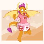  &lt;3 1:1 2018 anthro blue_eyes bow_tie bunnykisses clothing diaper dragon dress female friendship_is_magic hi_res looking_down my_little_pony orange_scales pacifier scales scalie shirt simple_background smolder_(mlp) solo topwear wings 