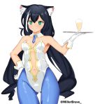  1girl absurdres animal_ear_fluff animal_ears artoria_pendragon_(all) artoria_pendragon_(swimsuit_ruler)_(fate) artoria_pendragon_(swimsuit_ruler)_(fate)_(cosplay) bangs bare_shoulders black_hair blue_legwear blush breasts breasts_apart bright_pupils cat_ears cosplay cup detached_collar drink embarrassed eyebrows_visible_through_hair fate/grand_order fate_(series) gloves green_eyes hair_between_eyes highleg highres holding holding_plate kyaru_(princess_connect) leotard long_hair looking_at_viewer millerbrave multicolored_hair navel navel_cutout necktie pantyhose plate princess_connect! princess_connect!_re:dive sidelocks simple_background small_breasts solo streaked_hair thigh_strap thighs twintails very_long_hair waitress white_background white_gloves white_hair white_leotard white_pupils wrist_cuffs 