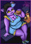  absurd_res big_breasts breasts catty_(undertale) cleavage clothed clothing ear_piercing female food fur hi_res piercing purple_fur sitting thick_thighs tongue tongue_out underground_greywolf undertale video_games 
