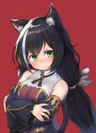 1girl animal_ear_fluff animal_ears bangs black_hair blush breasts cat_ears cat_girl crossed_arms danbo_(rock_clime) detached_sleeves dress eyebrows_visible_through_hair frown green_eyes kyaru_(princess_connect) long_hair looking_at_viewer low_twintails multicolored_hair princess_connect! princess_connect!_re:dive red_background simple_background sleeveless sleeveless_dress solo streaked_hair tail twintails upper_body white_hair 