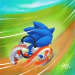  1boy english_commentary furry male_focus omni_jacala red_footwear ring-con ring_fit_adventure running shoes signature sneakers sonic sonic_the_hedgehog speed_lines 