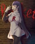  1girl alternate_costume arm_warmers bangs black_legwear blunt_bangs breasts brick_wall cosplay dress gloves graffiti long_hair looking_at_viewer natsume_(pokemon) outdoors pantyhose pokemon pokemon_special purple_hair raku_(874402932) red_eyes solo standing team_rocket_uniform very_long_hair white_dress white_gloves 