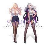  2girls artoria_pendragon_(all) artoria_pendragon_(lancer_alter) azur_lane bangs bismarck_(azur_lane) black_footwear blonde_hair blue_eyes blush breasts brown_legwear cleavage collared_shirt covered_navel crossed_legs dress eyebrows_visible_through_hair fate/grand_order fate_(series) garter_straps hair_between_eyes hand_on_hip hand_up high_heels horns jacket_on_shoulders large_breasts long_hair looking_at_viewer multiple_girls o-ring open_clothes open_shirt pantyhose pencil_skirt purple_footwear shirt sidelocks simple_background skirt sleeves_folded_up smile thighhighs tsuki_no_i-min watson_cross white_background white_shirt yellow_eyes 