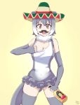  :d absurdres animal_ears artist_request ass_visible_through_thighs bare_shoulders bottle breasts brown_eyes cleavage collarbone cowboy_shot ears_through_headwear elbow_gloves facial_hair fingerless_gloves gloves grey_gloves grey_hair grey_legwear hat highres kemono_friends looking_at_viewer medium_breasts mexican mustache one-piece_swimsuit open_mouth otter_ears otter_tail short_hair simple_background skindentation small-clawed_otter_(kemono_friends) smile sombrero source_request swimsuit tail tequila thighhighs v-shaped_eyebrows yellow_background 
