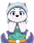  2019 black_nose blue_eyes blush canid canine canis clothing collar diacordst_(artist) domestic_dog everest_(paw_patrol) female feral fur headgear headwear hi_res husky looking_at_viewer mammal nordic_sled_dog paw_patrol purple_fur simple_background smile solo spitz tailwag white_fur young 