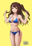  1girl artist_name bare_arms bare_shoulders bikini blue_bikini blue_ribbon blush breasts brown_eyes brown_hair carlo_montie cleavage collarbone commentary cowboy_shot highres holding holding_hair idolmaster idolmaster_cinderella_girls long_hair medium_breasts navel one_side_up ribbon shimamura_uzuki side-tie_bikini simple_background skindentation smile solo stomach string_bikini swimsuit w_arms wavy_hair yellow_background 