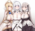  3girls ahoge aogi_(pixiv9459043) azur_lane bangs between_breasts black_dress black_panties blonde_hair blue_eyes blue_flower blue_rose blush breast_press breasts center_opening chain choker coat_dress dress elbow_gloves eyebrows_visible_through_hair flower formidable_(azur_lane) frilled_dress frills gem gloves gold grey_hair highres illustrious_(azur_lane) large_breasts laurel_crown long_hair looking_at_viewer low_ponytail multiple_girls panties parted_lips red_eyes rose sitting sleeveless sleeveless_dress strapless strapless_dress thighhighs tri_tails twintails two-tone_dress two-tone_ribbon underwear very_long_hair victorious_(azur_lane) white_choker white_dress white_gloves 