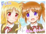  2girls blonde_hair blush brown_hair collared_shirt couple eye_contact fate_testarossa green_scrunchie happy heart long_hair looking_at_another lyrical_nanoha mahou_shoujo_lyrical_nanoha mahou_shoujo_lyrical_nanoha_a&#039;s multiple_girls neck_ribbon open_mouth purple_eyes red_eyes red_ribbon ribbon school_uniform scrunchie shinozuki_takumi shirt side_ponytail simplebackground smile takamachi_nanoha two-tone_background uniform very_long_hair white_shirt yuri 