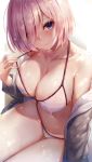  1girl bare_shoulders bikini blush breasts cleavage collarbone eyebrows_visible_through_hair fate/grand_order fate_(series) hair_over_one_eye head_tilt highres large_breasts looking_at_viewer mash_kyrielight motokonut navel off_shoulder pink_hair purple_eyes short_hair sitting smile solo strap_pull swimsuit swimsuit_of_perpetual_summer thighs wet white_bikini 