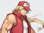  &gt;:) 1boy bare_shoulders baseball_cap blonde_hair blue_eyes closed_mouth clothes_writing commentary_request dan_(kumadan) eyebrows_visible_through_hair fatal_fury grey_background hat long_hair male_focus muscle open_clothes open_vest red_headwear red_vest simple_background sketch smile solo super_smash_bros. terry_bogard twitter_username upper_body v-shaped_eyebrows vest white_tank_top 