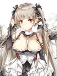  1girl azur_lane bangs bare_shoulders between_breasts black_choker black_dress black_ribbon blush breasts choker closed_mouth collarbone dress earrings eyebrows_visible_through_hair floating_hair formidable_(azur_lane) grey_hair hair_ribbon hand_in_hair hand_up highres jewelry large_breasts long_hair looking_at_viewer mutang red_eyes ribbon shiny shiny_hair solo twintails two-tone_dress two-tone_ribbon upper_body very_long_hair white_background white_choker white_dress white_ribbon 