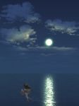  1girl akizuki_(kantai_collection) black_hair chou-10cm-hou-chan cloud full_body full_moon hachimaki headband kantai_collection kujira_naoto long_hair moon moonlight night ocean outdoors pleated_skirt ponytail rigging sailor_collar school_uniform serafuku skirt sky solo water 