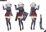  1girl black_legwear black_shirt blush bow bowtie breasts earplugs full_body girls_frontline gloves gun highres holding large_breasts looking_at_viewer low_twintails official_art red_eyes red_skirt shirt shotgun silver_hair skindentation skirt sleeveless smile spas-12 spas-12_(girls_frontline) standing terras thighhighs trigger_discipline twintails weapon zettai_ryouiki 