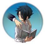  1boy artist_name black_eyes black_hair bletisan blue_background book hands hands_on_shoulders highres holding holding_book isabella_(yakusoku_no_neverland) long_sleeves looking_to_the_side messy_hair neck_tattoo open_book ray_(yakusoku_no_neverland) shirt simple_background tattoo upper_body watermark web_address white_shirt yakusoku_no_neverland 