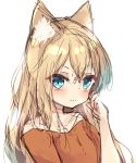  1girl absurdres animal_ear_fluff animal_ears bangs bare_shoulders blue_eyes blush brown_shirt closed_mouth eyebrows_visible_through_hair hair_between_eyes hamaru_(s5625t) hand_up highres light_brown_hair long_hair looking_at_viewer off-shoulder_shirt off_shoulder original shirt simple_background sketch solo v-shaped_eyebrows white_background 