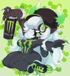  anthro beverage big_breasts black_skin breasts cheeb_(artist) clothing demon detailed_background digital_media_(artwork) energy_drink female fingers green_eyes hair hat headgear headwear hi_res horn humanoid humanoid_pointy_ears long_hair looking_at_viewer monster-chan monster_energy not_furry nude open_mouth sharp_teeth solo teeth tongue white_hair 