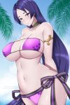  1girl alina_pegova armlet bangs bare_shoulders bikini blue_sky breasts choker cleavage closed_mouth cloud collarbone eyepatch_bikini fate/grand_order fate_(series) large_breasts long_hair looking_at_viewer minamoto_no_raikou_(fate/grand_order) minamoto_no_raikou_(swimsuit_lancer)_(fate) navel outdoors parted_bangs purple_bikini purple_eyes purple_hair sky smile solo swimsuit underboob very_long_hair watermark web_address 