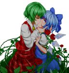  2girls ascot bangs blood blue_bow blue_dress blue_eyes blue_hair bow cirno commentary cowboy_shot crying crying_with_eyes_open dress english_commentary eyebrows_visible_through_hair flower from_side green_hair hair_bow highres ice ice_wings kazami_yuuka kiss long_sleeves looking_at_another multiple_girls pan-ooh pinafore_dress plaid plaid_skirt plaid_vest profile puffy_short_sleeves puffy_sleeves red_eyes red_flower red_rose red_skirt red_vest rose shirt short_hair short_sleeves simple_background skirt skirt_set standing tears thorns touhou vest white_background white_shirt wings yellow_neckwear yuri 