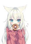  1girl animal_ear_fluff animal_ears bangs blue_eyes blush closed_mouth doughnut drawstring eating eyebrows_visible_through_hair food green_hair hair_between_eyes hamaru_(s5625t) hands_up highres holding holding_food hood hood_down hoodie long_hair long_sleeves original puffy_long_sleeves puffy_sleeves red_hoodie simple_background sleeves_past_wrists solo very_long_hair white_background 