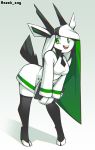  2019 5_fingers antelope anthro bent_over biped black_eyebrows black_horn black_tail bovid breasts clothed clothing digital_media_(artwork) eyebrows female fingers full-length_portrait fully_clothed fur grazing_antelope green_eyes green_hair hair hi_res holding_object horn legwear libbie long_hair mammal multicolored_hair necktie open_mouth open_smile oryx pantyhose portrait short_tail signature smile solo standing teeth two_tone_hair white_ears white_fur white_hair zkelle 