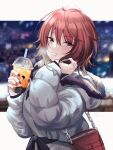  1girl :d ahoge aketa_mikoto bag blonde_hair blush brown_hair chain commentary_request cup disposable_cup eyebrows_visible_through_hair fur-trimmed_jacket fur_trim gradient_hair handbag highres idolmaster idolmaster_shiny_colors jacket kevn letterboxed long_sleeves looking_at_viewer multicolored_eyes multicolored_hair nail_polish out_of_frame outdoors padded_jacket smile solo steam upper_body 