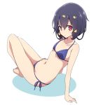  1girl arm_support bangs barefoot bikini black_hair blue_bikini blush breasts closed_mouth commentary eyebrows_visible_through_hair flower from_behind frown full_body hair_flower hair_ornament highres leaning_back looking_at_viewer looking_back mel_(melty_pot) mizuno_ai navel red_eyes short_hair side-tie_bikini simple_background sitting small_breasts solo string_bikini sweatdrop swimsuit white_background zombie_land_saga 