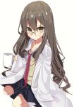  1girl age_regression bangs black_skirt blush brown_eyes brown_hair coffee_mug collarbone collared_shirt commentary cup eyebrows_visible_through_hair futaba_rio glasses hair_between_eyes holding holding_cup kneehighs labcoat long_hair long_sleeves looking_at_viewer mug necktie oversized_clothes pleated_skirt red_neckwear seishun_buta_yarou shirousa shirt simple_background skirt sleeves_past_fingers sleeves_past_wrists solo sweat sweater_vest very_long_hair white_background white_legwear white_shirt younger 