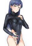  1girl :o bangs bare_hips blue_hair blush breasts bridal_gauntlets brown_eyes cameltoe cowboy_shot earrings eyebrows_visible_through_hair groin half-closed_eyes hand_on_own_chest hand_on_own_stomach highleg highleg_leotard highres idolmaster jewelry kisaragi_chihaya latex latex_leotard leotard long_hair looking_at_viewer nail_polish parted_lips pink_nails simple_background skin_tight small_breasts solo tsurui white_background zipper_pull_tab 