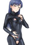 1girl :o bangs bar_censor black_bodysuit blue_hair blush bodysuit breasts bridal_gauntlets brown_eyes censored covered_navel cowboy_shot crotchless_clothes earrings eyebrows_visible_through_hair half-closed_eyes hand_on_own_chest hand_on_own_stomach highres idolmaster jewelry kisaragi_chihaya latex latex_bodysuit long_hair looking_at_viewer nail_polish nippleless_clothes nipples parted_lips pink_nails pussy simple_background skin_tight small_breasts solo tsurui white_background zipper_pull_tab 
