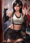  1girl abs artist_name black_hair black_skirt blurry_foreground blush breasts brown_eyes brown_hair cleavage clenched_hands earrings elbow_gloves final_fantasy final_fantasy_vii final_fantasy_vii_remake fingerless_gloves gloves gym highres indoors jewelry large_breasts long_hair low-tied_long_hair midriff miniskirt navel open_mouth pencil_skirt red_eyes sandbag sciamano240 short_shorts shorts signature skirt solo sports_bra suspender_skirt suspenders sweat tank_top tifa_lockhart toned towel towel_around_neck very_long_hair 