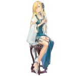  1girl alternate_costume ankle_ribbon bangs blonde_hair blue_dress blue_eyes blue_ribbon braid chair china_dress chinese_clothes closed_mouth cup cz52_(girls_frontline) cz_52 dress earrings eyebrows_visible_through_hair girls_frontline gun hair_ornament handgun high_heels holding holding_cup holster jewelry legs_together long_hair looking_away mechanical_leg monocle official_art pistol ribbon shawl sitting solo steam thigh_holster thigh_strap transparent_background very_long_hair weapon white_footwear wide_sleeves xiao_chichi 