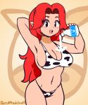  2019 2d_animation animal_bikini animal_print animated bikini black_eyes clothed clothing cow_bikini cow_print female hair hand_behind_head hi_res holding_object humanoid humanoid_pointy_ears hylian long_hair malon milk nintendo not_furry open_mouth pattern_clothing pattern_swimwear red_hair scruffmuhgruff solo swimwear the_legend_of_zelda video_games 