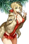  1girl ahoge bangs blonde_hair blush braid breasts brown_jacket cleavage closed_mouth collarbone double_v ero_waifu fate/extra fate/grand_order fate_(series) french_braid green_eyes hair_bun hair_intakes hair_ribbon jacket large_breasts long_hair long_sleeves looking_at_viewer nero_claudius_(fate) nero_claudius_(fate)_(all) one-piece_swimsuit red_ribbon red_swimsuit ribbon simple_background smile solo swimsuit thighs v white_background 
