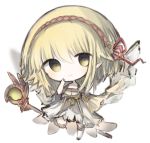  1girl bangs blonde_hair character_request chibi closed_mouth commentary_request cottontailtokki dress full_body hair_between_eyes hand_up head_tilt long_hair long_sleeves looking_at_viewer over-kneehighs pointy_ears red_ribbon ribbon shadowverse shingeki_no_bahamut sleeves_past_wrists smile solo staff standing standing_on_one_leg thighhighs white_background white_dress white_legwear wide_sleeves yellow_eyes 