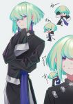  1boy artist_request bangs blonde_hair chibi chinese_clothes gloves highres lio_fotia looking_at_viewer male_focus open_mouth promare purple_eyes short_hair simple_background smile solo 