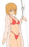  1girl blue_eyes bra breasts brown_hair chain chained chained_wrists cleavage collarbone commentary_request eyebrows_visible_through_hair jacket long_sleeves looking_at_viewer meitantei_conan miyano_shiho navel panties red_bra red_panties short_hair simple_background solo tsuki_suigetsu underwear white_background white_jacket 