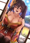 1girl ahoge azur_lane bangs bare_shoulders black_hair blush breasts cleavage collarbone eyebrows_visible_through_hair feathers hair_between_eyes hair_ornament hakama_skirt huge_breasts japanese_clothes kanzaki_kureha kimono large_breasts long_hair looking_at_viewer mask mask_on_head night obi off_shoulder open_mouth red_eyes red_kimono sash sky smile solo star_(sky) starry_sky sweat taihou_(azur_lane) twintails very_long_hair wide_sleeves 