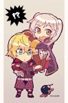  1boy 1girl blonde_hair blue_eyes blush bomb cape carrying chibi fire_emblem fire_emblem_awakening gloves green_eyes highres kiriya_(552260) long_hair open_mouth robe robin_(fire_emblem) robin_(fire_emblem)_(female) short_hair shulk simple_background smile super_smash_bros. twintails white_background white_hair xenoblade_(series) xenoblade_1 yellow_eyes 