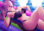  1girl bikini blue_eyes breasts cleavage commentary_request day earrings eyebrows_visible_through_hair fate/grand_order fate_(series) feet_out_of_frame food fujifuji924 highres jewelry large_breasts lying miyamoto_musashi_(fate/grand_order) multi-strapped_bikini on_back outdoors pink_hair pocky ponytail purple_bikini purple_eyes raft solo swimsuit water 