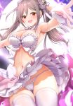  1girl :d armpits ass_visible_through_thighs bangs blush breasts cameltoe cleavage dress eyebrows_visible_through_hair grey_hair hair_ornament halter_dress highres idolmaster idolmaster_cinderella_girls idolmaster_cinderella_girls_starlight_stage kanzaki_ranko kazu medium_breasts navel open_mouth panties pleated_dress reaching_out red_eyes sleeveless smile thick_thighs thighhighs thighs twintails underwear white_dress white_panties wrist_cuffs zettai_ryouiki 