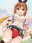  1girl :d atelier_(series) atelier_ryza belt beret breasts brown_eyes brown_hair cameltoe covered_nipples cowboy_shot crotch_seam flask from_below groin hair_ornament hairclip hand_up hat highres large_breasts looking_at_viewer midriff no_pants open_mouth panties red_panties reisalin_stout shirt short_hair smile solo test_tube thighhighs thighs underwear white_shirt yokaze_japan 
