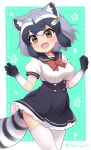 1girl adapted_costume animal_ear_fluff animal_ears black_hair blush bow bowtie brown_eyes commentary_request common_raccoon_(kemono_friends) cowboy_shot extra_ears eyebrows_visible_through_hair fang feathers frilled_skirt frills gloves gradient_gloves grey_hair hair_feathers hair_ornament hairclip high-waist_skirt highres kemono_friends multicolored multicolored_clothes multicolored_gloves multicolored_hair navy_blue_gloves navy_blue_skirt open_mouth pleated_skirt puffy_short_sleeves puffy_sleeves raccoon_ears raccoon_girl raccoon_tail ransusan red_neckwear sailor_collar school_uniform serafuku shirt short_hair short_sleeves skirt solo star tail thighhighs twitter_username white_frills white_gloves white_hair white_legwear white_shirt zettai_ryouiki 