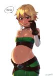  1girl artist_name bandeau bare_shoulders belt big_belly blonde_hair blush breasts brown_choker brown_eyes brown_gloves choker commentary cowboy_shot ear_blush elf english_text fang gloves green_pants hair_between_eyes hair_tubes hand_on_own_stomach highres looking_at_viewer loose_belt medium_breasts midriff navel nil_sunna nose_blush original pants parted_lips pointy_ears pregnant scratching_cheek sidelocks skindentation solo speech_bubble strapless sunna_(nilsunna) tubetop white_background 