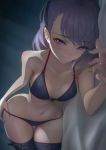  1girl bangs bed_sheet bikini black_ribbon blurry blush body_blush breasts buckle closed_mouth collarbone commentary_request depth_of_field eyebrows_visible_through_hair fate/grand_order fate_(series) hair_ribbon helena_blavatsky_(swimsuit_archer)_(fate) highres imizu_(nitro_unknown) looking_at_viewer lying medium_hair navel on_bed on_side purple_bikini purple_eyes purple_hair purple_legwear ribbon small_breasts smile solo stomach swimsuit thigh_gap thighhighs 