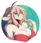  2019 5_fingers alpha_channel anthro big_breasts biped blonde_eyebrows blonde_hair bovid breasts bust_portrait caprine cleavage clothed clothing digital_media_(artwork) eyebrows female fingers fur goat grey_eyes hair horn long_hair mammal portrait solo white_ears white_fur zkelle 