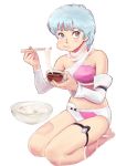  1girl blue_eyes blue_hair breasts closed_mouth commentary_request crop_top eating highres lafolie looking_at_viewer medium_breasts midriff panties scarf seiza short_hair simple_background sitting solo soumen thigh_strap underwear white_background wingman yume_aoi 