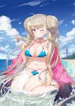  1girl absurdres ahoge azur_lane beach bikini blue_bikini blush boku_koyuki_mx braid braided_bun breasts brown_hair caustics cleavage closed_mouth commentary_request double_bun formidable_(azur_lane) formidable_(the_lady_of_the_beach)_(azur_lane) hand_up highres large_breasts long_hair looking_at_viewer navel one_eye_closed red_eyes single_thighhigh sitting skindentation smile solo swimsuit thighhighs twintails very_long_hair wariza water wet white_legwear 