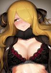 1girl black_bra blonde_hair blush bra breasts cleavage clenched_teeth fur_collar grey_background hair_ornament highres kashu_(hizake) lace lace-trimmed_bra large_breasts lingerie long_hair open_clothes parted_lips pokemon pokemon_(game) pokemon_dppt shirona_(pokemon) solo tearing_up teeth underwear upper_body v-shaped_eyebrows yellow_eyes 