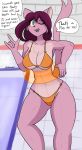  2019 big_breasts bikini blue_eyes breasts camel_toe cleavage clothed clothing devil_horns_(gesture) dialogue domestic_cat english_text fangs felid feline felis female floaty fur gesture hair hi_res long_hair mammal melody_(stareostar) navel one_eye_closed open_mouth pink_fur purple_hair signature solo speech_bubble standing stareostar starestar swimwear text wink 