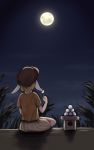  1girl animal_ears blonde_hair brown_headwear bunny_ears commentary_request dango dtvisu flat_cap food from_behind full_moon grass hand_up hat highres holding holding_food moon night night_sky orange_shirt outdoors partial_commentary ringo_(touhou) shirt short_hair short_sleeves shorts sitting sky solo touhou wagashi yellow_shorts 